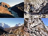 To Gokyo 3-4 Trail From Pangka To First Gokyo Lake After passing Pangka, I started to ascend the steep rock trail leading to Gokyo. I stopped and had a chocolate bar as the sun finally came to me. I was now at the end of Nguzumpa Glacier, the largest in Nepal.